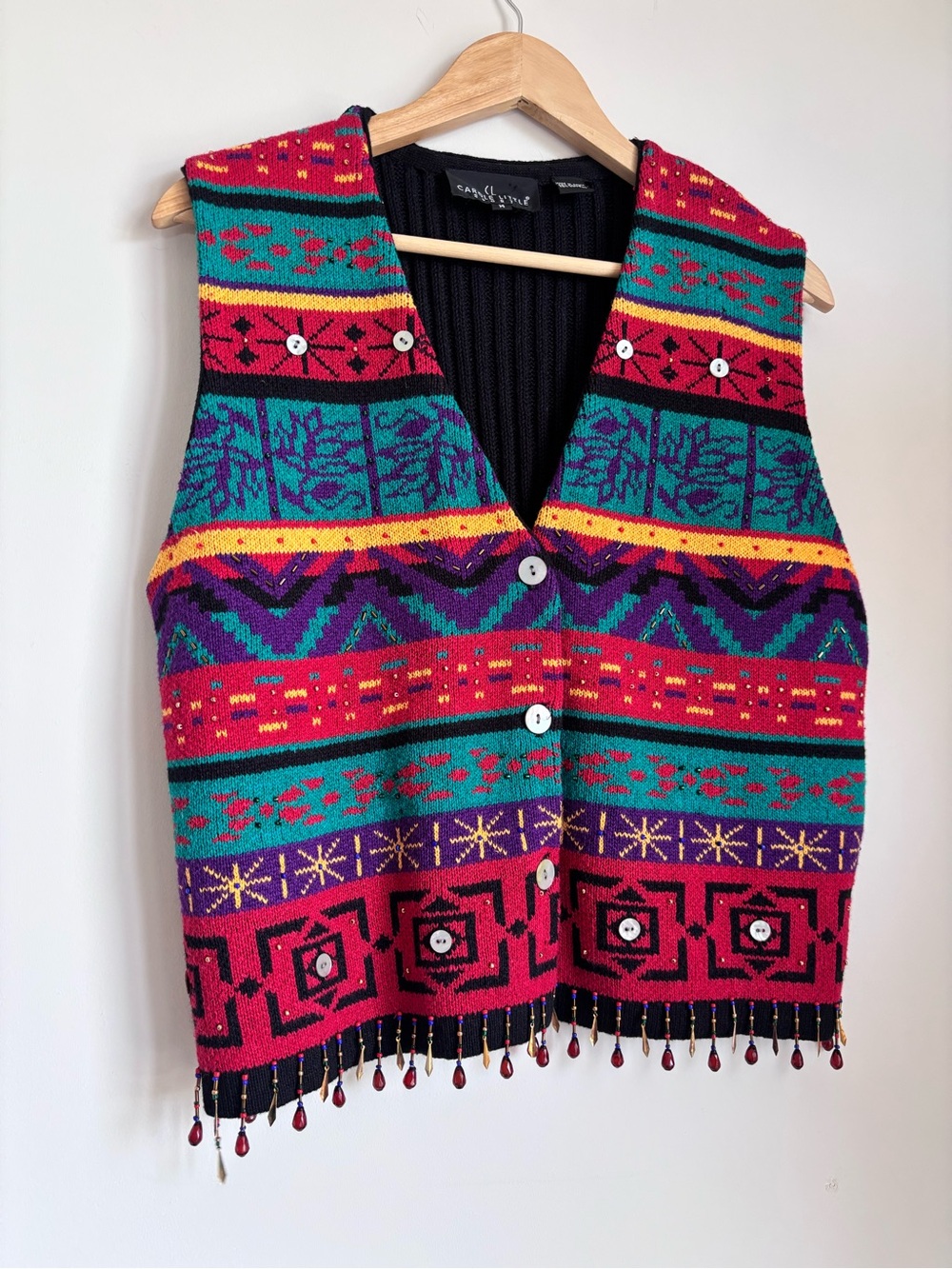 Carole Little Vintage 90s Knit Beaded Fringe Sweater Vest Geometric M - Picture 2 of 7